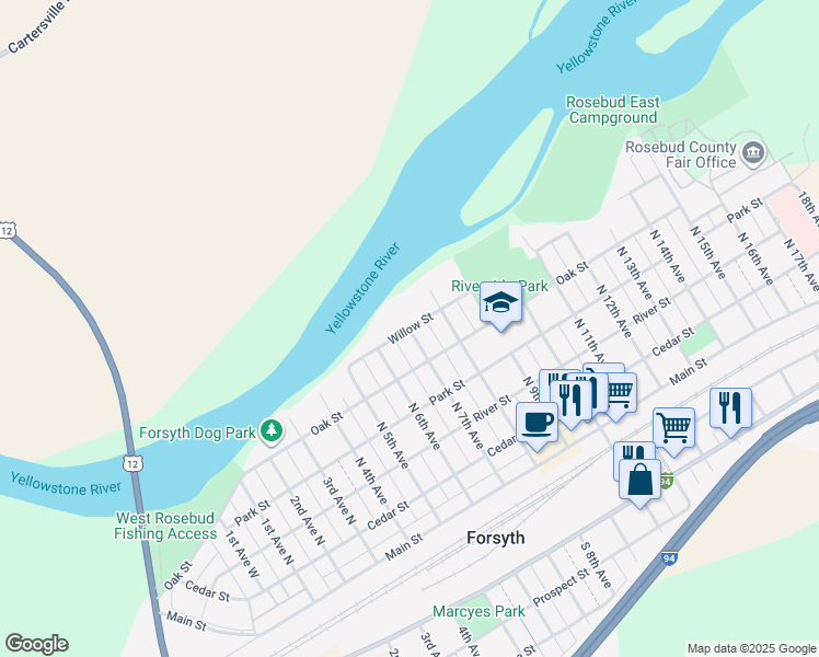 map of restaurants, bars, coffee shops, grocery stores, and more near 700 Willow Street in Forsyth
