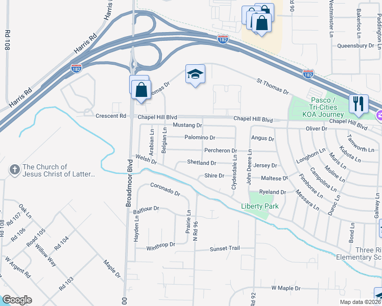 map of restaurants, bars, coffee shops, grocery stores, and more near 9607 Percheron Drive in Pasco