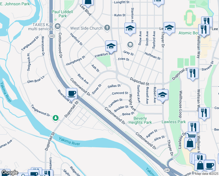 map of restaurants, bars, coffee shops, grocery stores, and more near 2205 Dallas Street in Richland