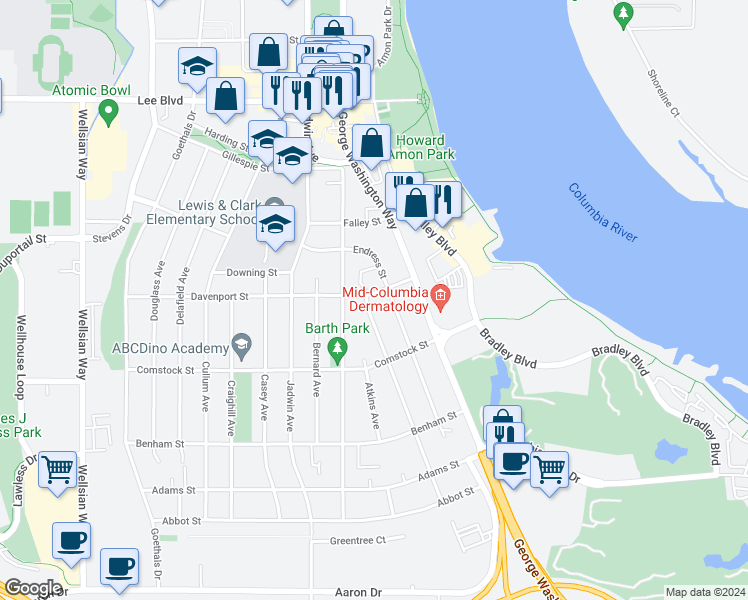 map of restaurants, bars, coffee shops, grocery stores, and more near 207 Davenport Street in Richland