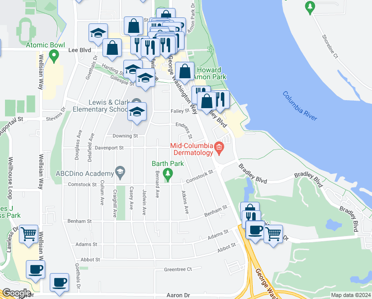 map of restaurants, bars, coffee shops, grocery stores, and more near 209 Davenport Street in Richland