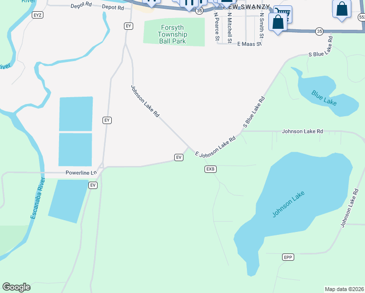 map of restaurants, bars, coffee shops, grocery stores, and more near 21-41 Johnson Lake Road in Gwinn