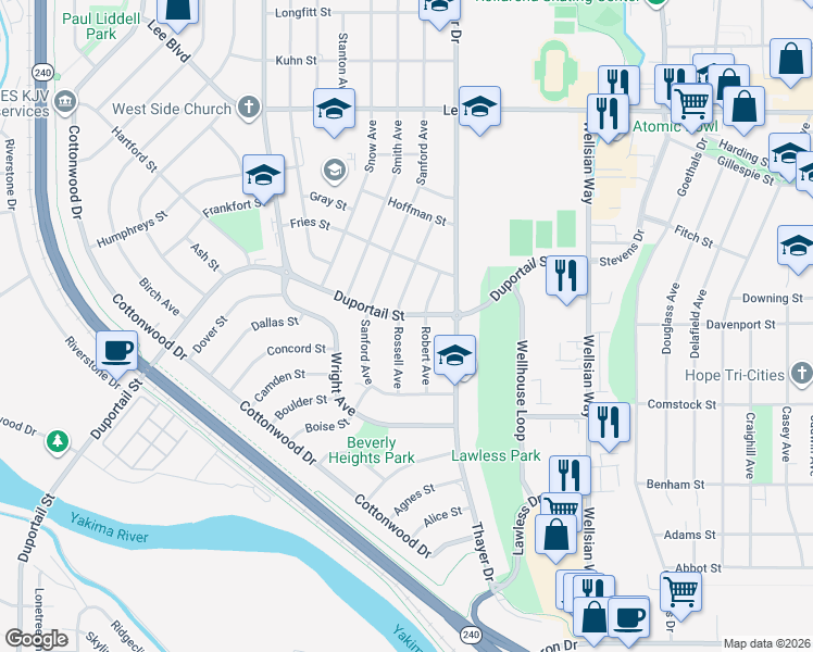 map of restaurants, bars, coffee shops, grocery stores, and more near 1419 Duportail Street in Richland