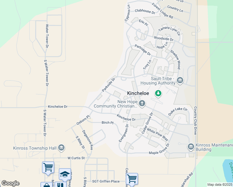 map of restaurants, bars, coffee shops, grocery stores, and more near 8 Monterey Drive in Kinross Charter Township