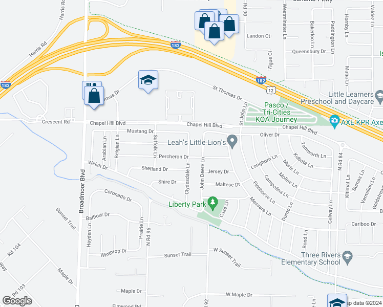 map of restaurants, bars, coffee shops, grocery stores, and more near 4603 Clydesdale Lane in Pasco