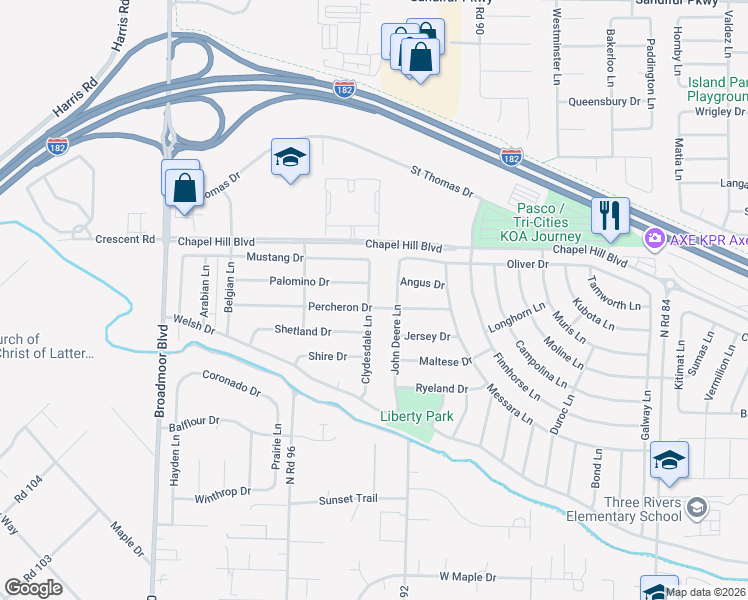 map of restaurants, bars, coffee shops, grocery stores, and more near 4603 Clydesdale Lane in Pasco