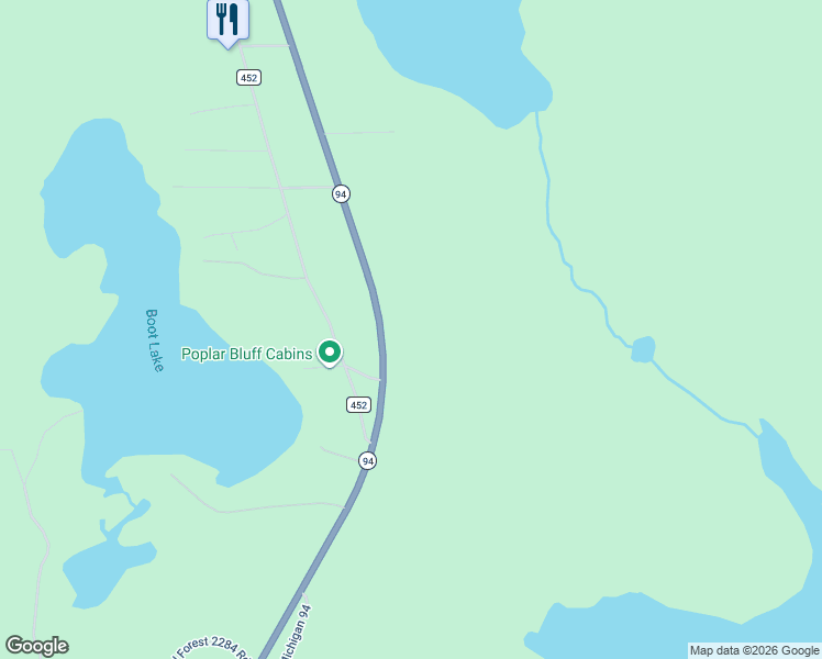 map of restaurants, bars, coffee shops, grocery stores, and more near Highway 94 in Manistique