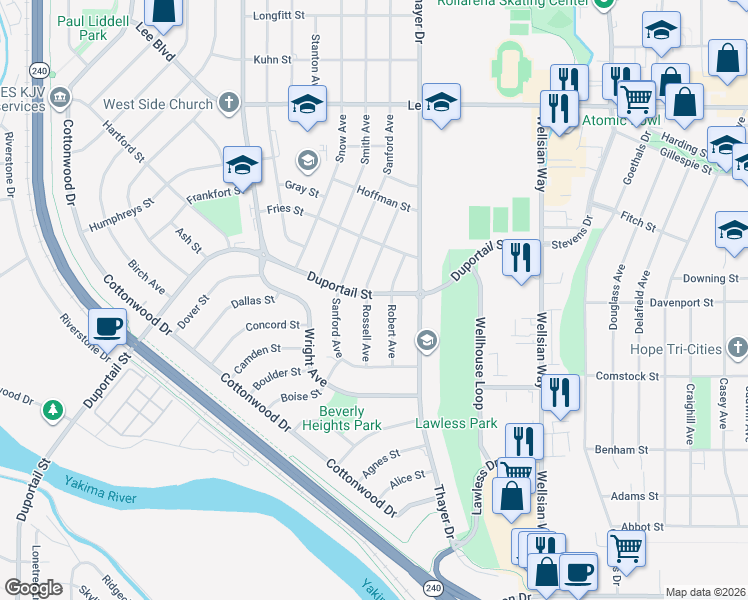map of restaurants, bars, coffee shops, grocery stores, and more near 1419 Duportail Street in Richland