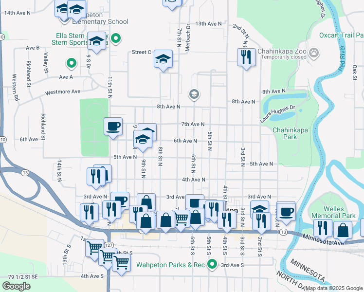 map of restaurants, bars, coffee shops, grocery stores, and more near 520 7th Street North in Wahpeton