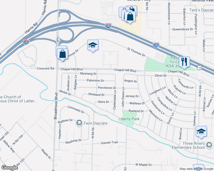 map of restaurants, bars, coffee shops, grocery stores, and more near 9403 Percheron Dr in Pasco