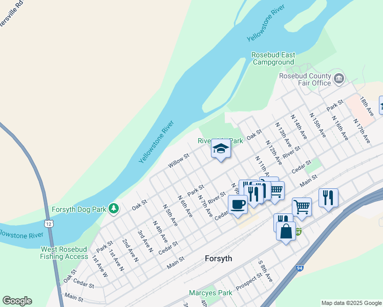 map of restaurants, bars, coffee shops, grocery stores, and more near 700-714 Willow Street in Forsyth