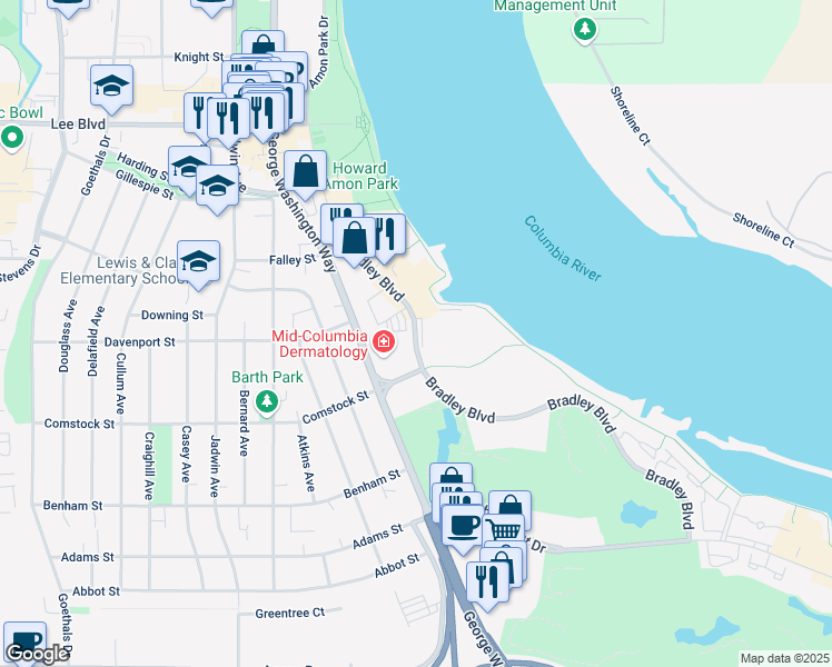 map of restaurants, bars, coffee shops, grocery stores, and more near 355 Bradley Boulevard in Richland