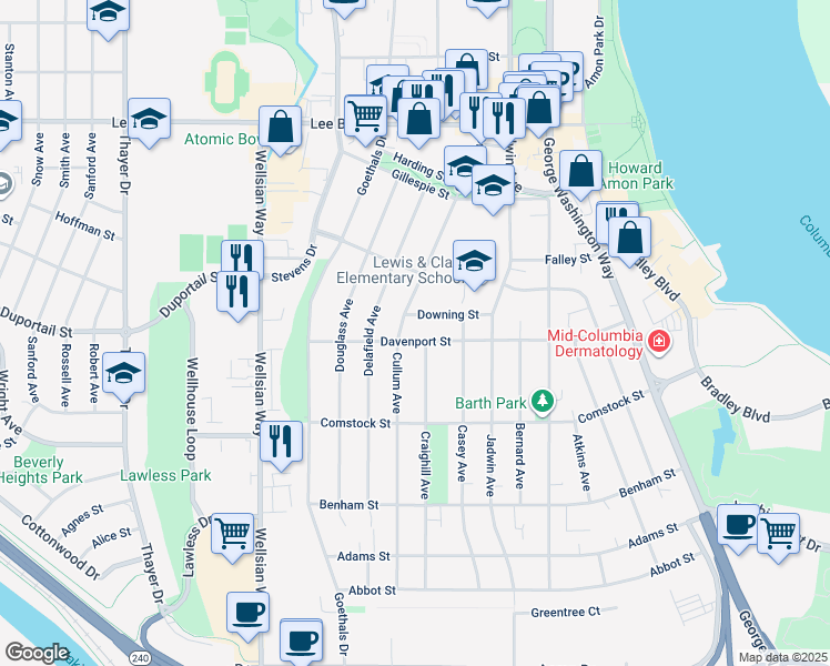 map of restaurants, bars, coffee shops, grocery stores, and more near 326 Craighill Avenue in Richland