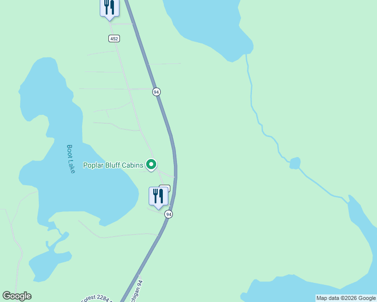 map of restaurants, bars, coffee shops, grocery stores, and more near Highway 94 in Manistique