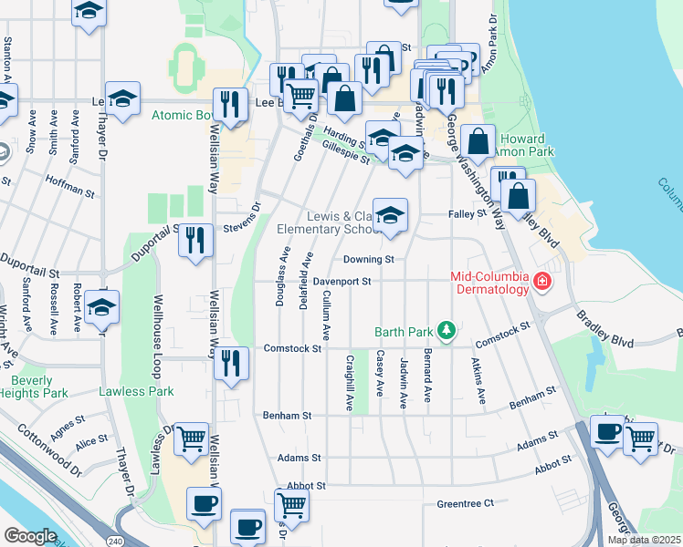 map of restaurants, bars, coffee shops, grocery stores, and more near 326 Craighill Avenue in Richland