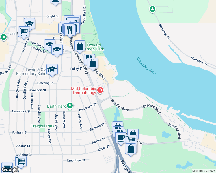 map of restaurants, bars, coffee shops, grocery stores, and more near 303 Bradley Boulevard in Richland