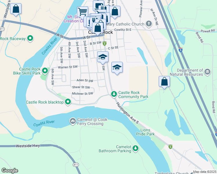 map of restaurants, bars, coffee shops, grocery stores, and more near 931 Front Avenue Southwest in Castle Rock