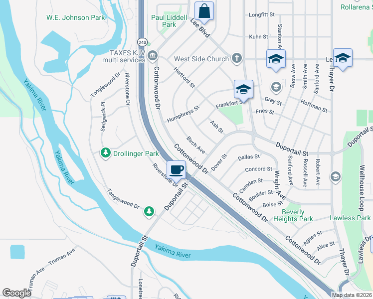 map of restaurants, bars, coffee shops, grocery stores, and more near 412 Cottonwood Drive in Richland