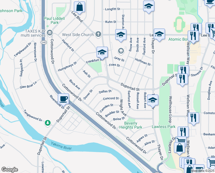 map of restaurants, bars, coffee shops, grocery stores, and more near 2105 Dallas Street in Richland