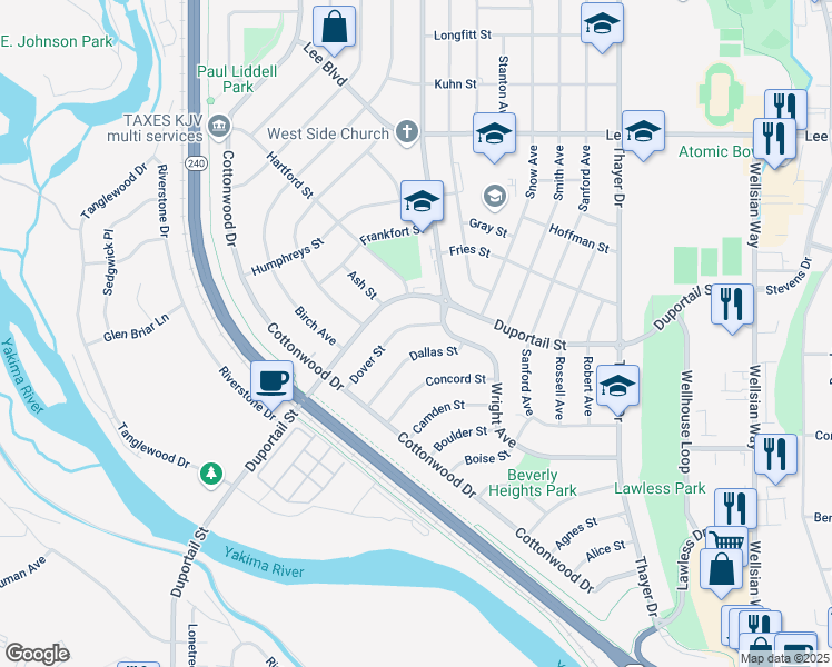 map of restaurants, bars, coffee shops, grocery stores, and more near 2205 Dallas Street in Richland