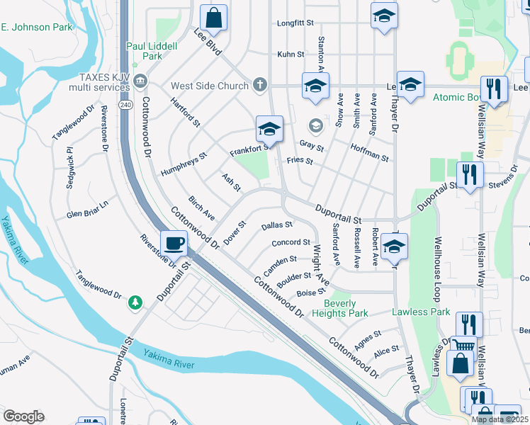 map of restaurants, bars, coffee shops, grocery stores, and more near 2205 Dallas Street in Richland