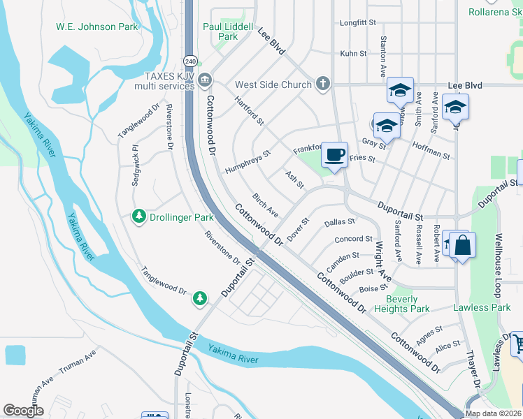 map of restaurants, bars, coffee shops, grocery stores, and more near 406-412 Cottonwood Dr in Richland