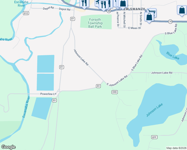 map of restaurants, bars, coffee shops, grocery stores, and more near 21 Johnson Lake Road in Gwinn