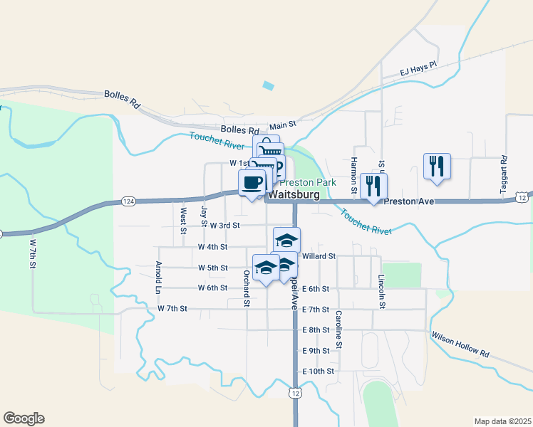 map of restaurants, bars, coffee shops, grocery stores, and more near Main Street in Waitsburg