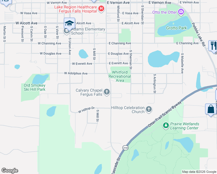map of restaurants, bars, coffee shops, grocery stores, and more near 135 East Street Charles Avenue in Fergus Falls