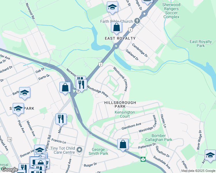 map of restaurants, bars, coffee shops, grocery stores, and more near Andrews Court in Charlottetown