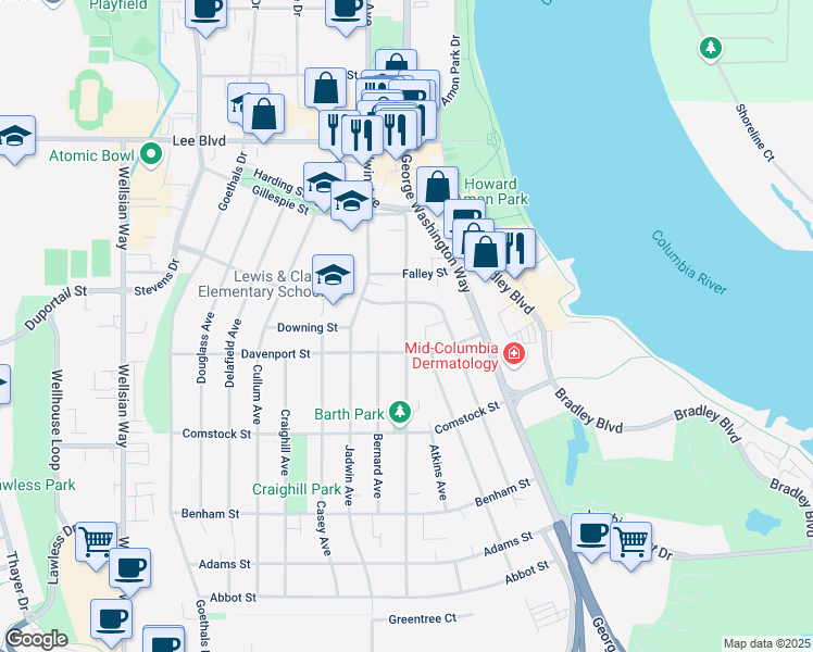 map of restaurants, bars, coffee shops, grocery stores, and more near 421 Barth Avenue in Richland