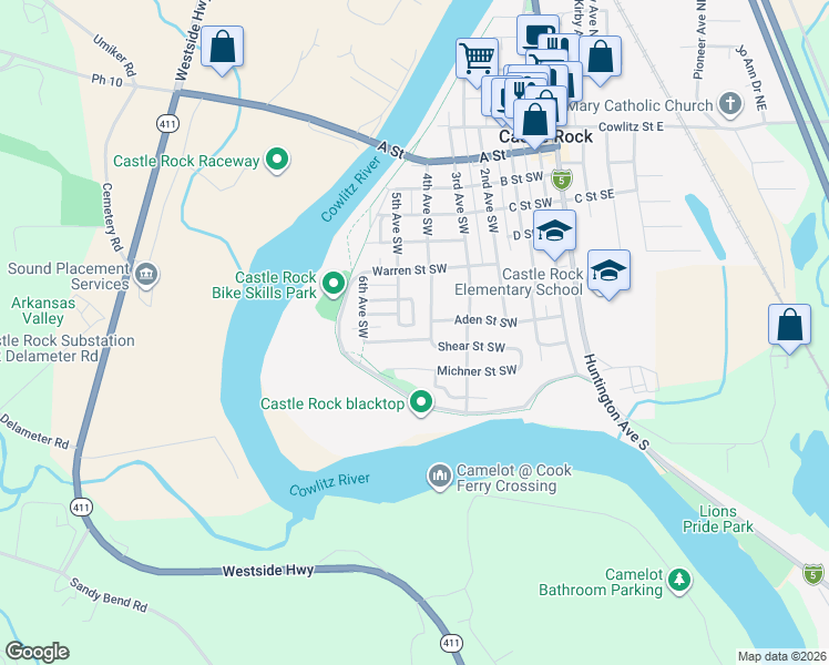map of restaurants, bars, coffee shops, grocery stores, and more near 432 Diane Street Southwest in Castle Rock