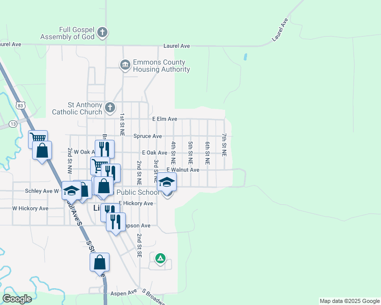 map of restaurants, bars, coffee shops, grocery stores, and more near 401 5th Street Northeast in Linton