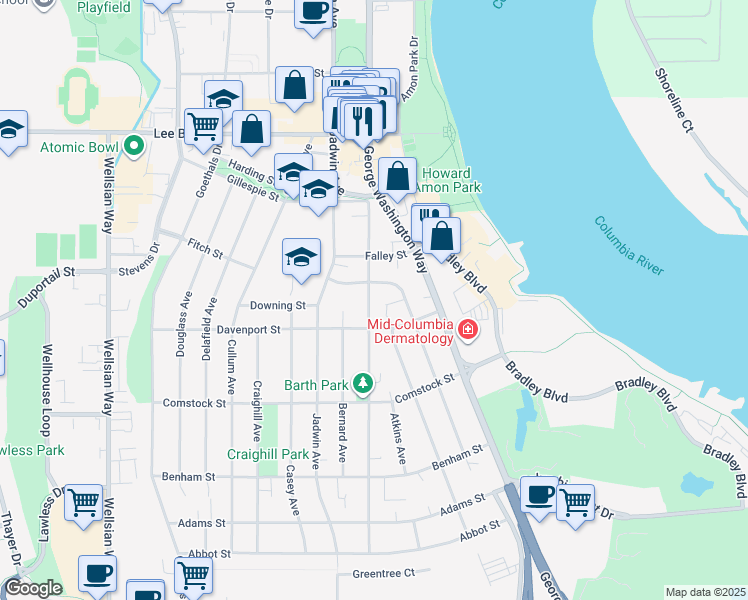 map of restaurants, bars, coffee shops, grocery stores, and more near 408 Barth Avenue in Richland