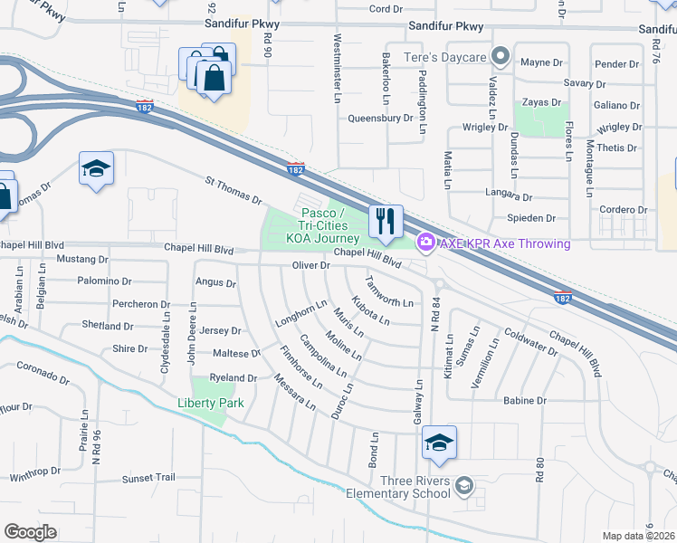map of restaurants, bars, coffee shops, grocery stores, and more near 4620 Kubota Lane in Pasco
