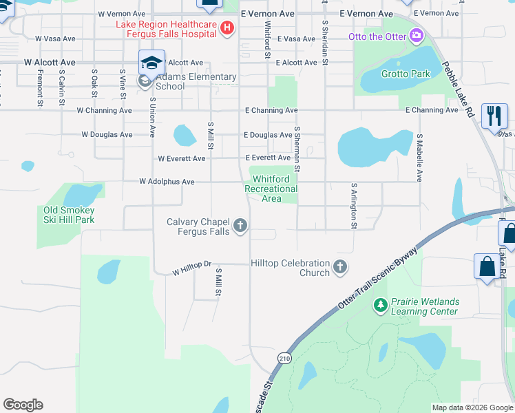 map of restaurants, bars, coffee shops, grocery stores, and more near 1325 South Cascade Street in Fergus Falls