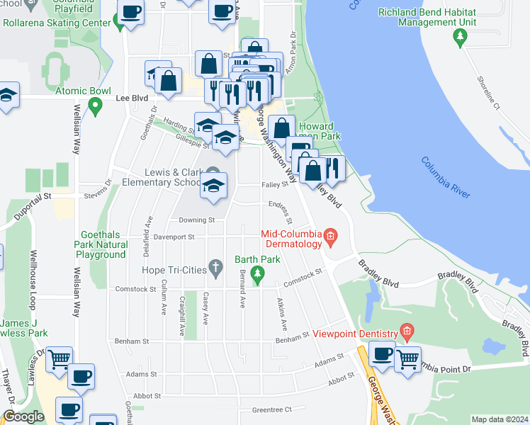 map of restaurants, bars, coffee shops, grocery stores, and more near 410 Barth Avenue in Richland