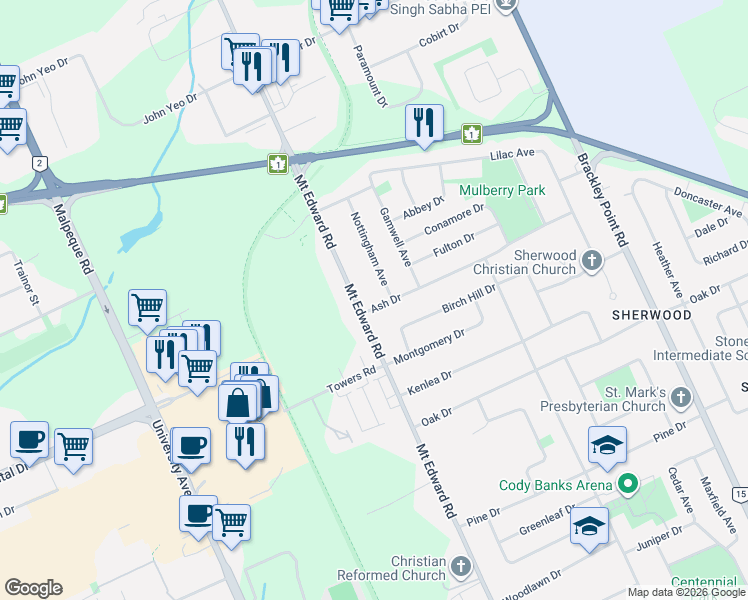 map of restaurants, bars, coffee shops, grocery stores, and more near 26 Nottingham Avenue in Charlottetown