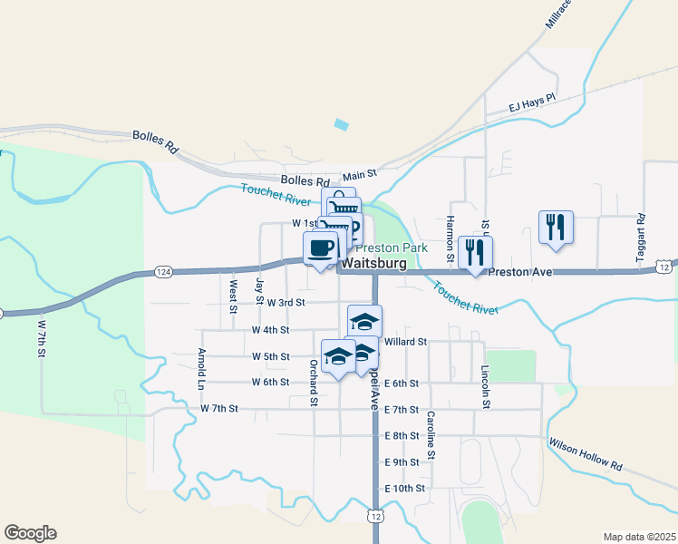 map of restaurants, bars, coffee shops, grocery stores, and more near Main Street in Waitsburg