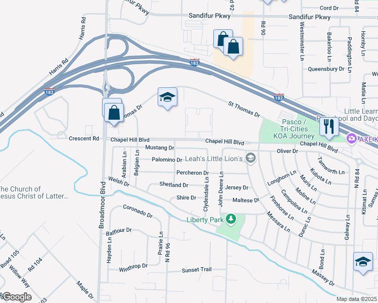 map of restaurants, bars, coffee shops, grocery stores, and more near 9408 Mustang Drive in Pasco