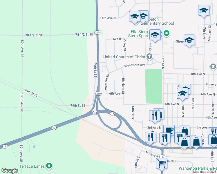 map of restaurants, bars, coffee shops, grocery stores, and more near 624 Western Road in Wahpeton