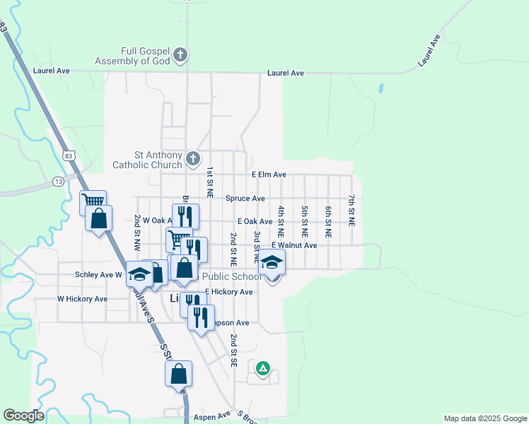 map of restaurants, bars, coffee shops, grocery stores, and more near 412 3rd Street Northeast in Linton