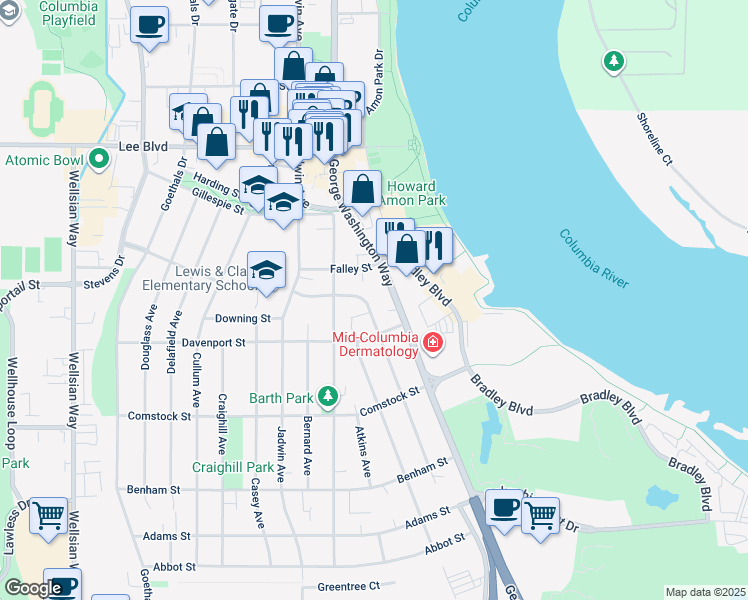 map of restaurants, bars, coffee shops, grocery stores, and more near 202 Endress Street in Richland