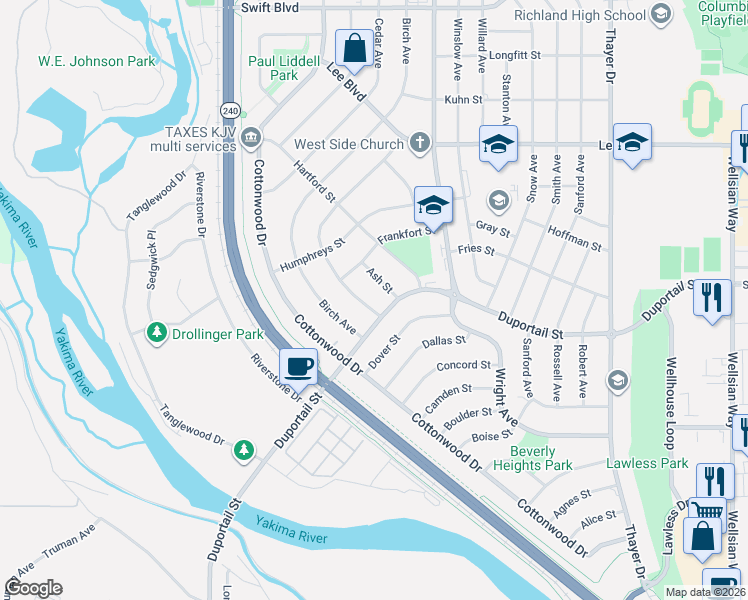 map of restaurants, bars, coffee shops, grocery stores, and more near 408 Basswood Avenue in Richland