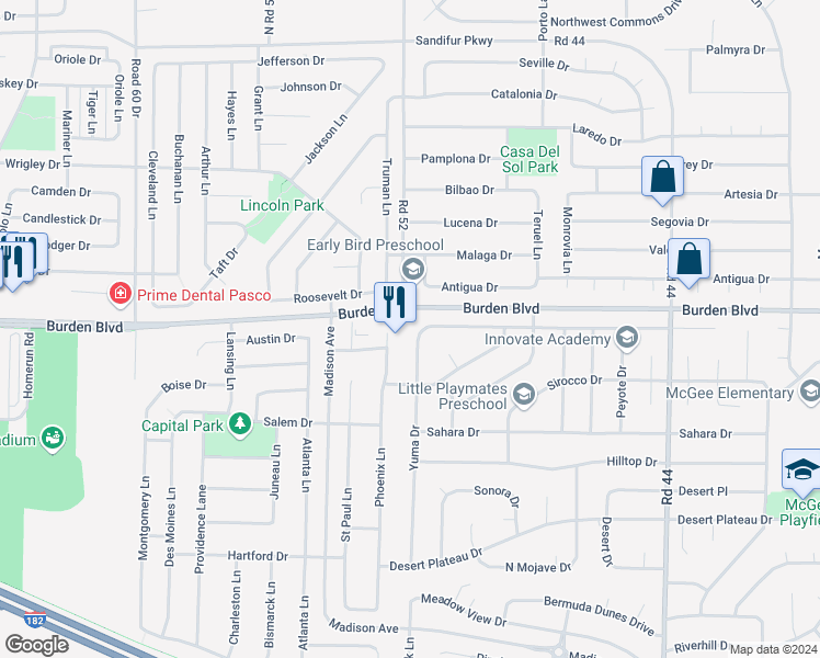 map of restaurants, bars, coffee shops, grocery stores, and more near 4706 Yuma Drive in Pasco