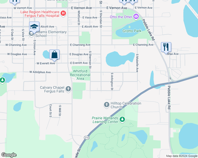 map of restaurants, bars, coffee shops, grocery stores, and more near 1322 South Sheridan Street in Fergus Falls