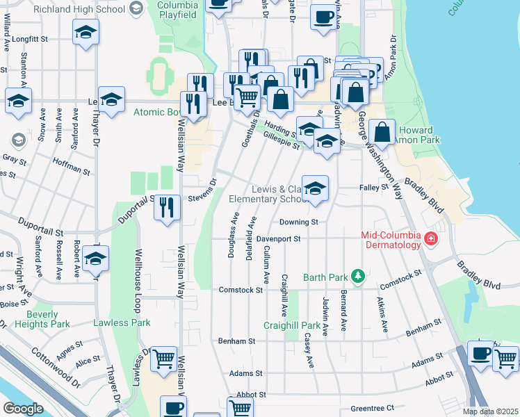 map of restaurants, bars, coffee shops, grocery stores, and more near 418 Delafield Avenue in Richland