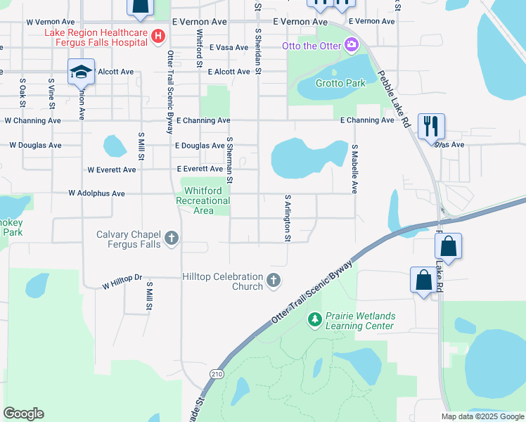 map of restaurants, bars, coffee shops, grocery stores, and more near 1322 South Sheridan Street in Fergus Falls