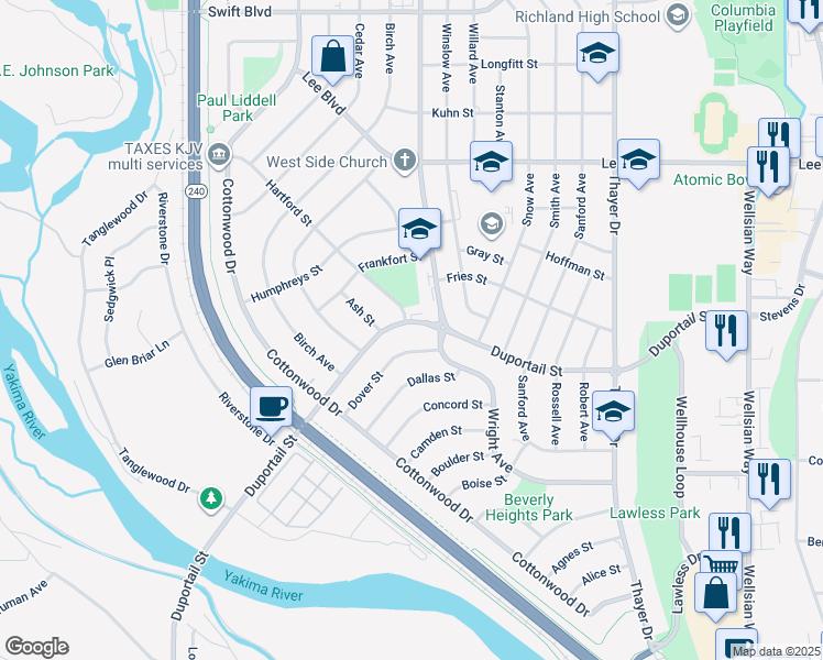map of restaurants, bars, coffee shops, grocery stores, and more near 2109 Duportail St in Richland