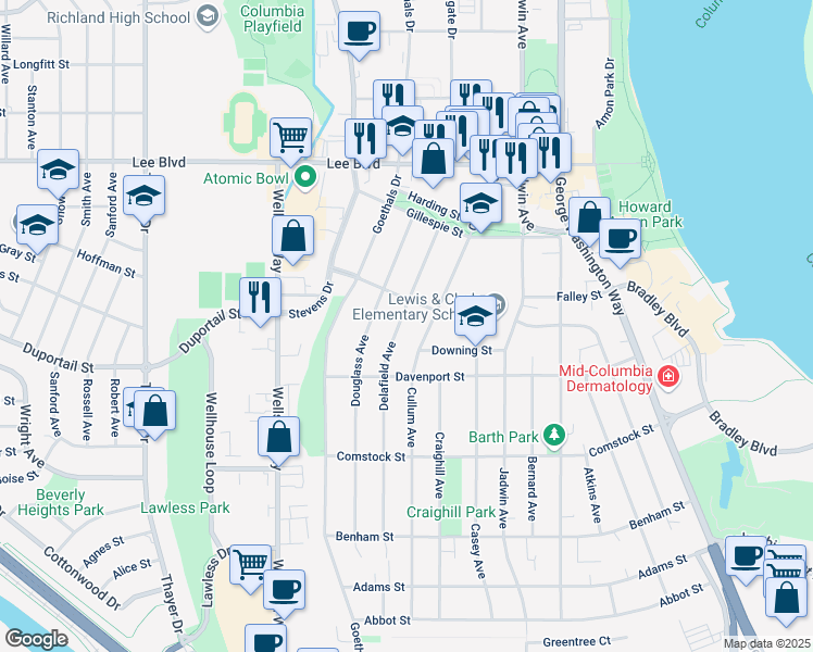 map of restaurants, bars, coffee shops, grocery stores, and more near 418 Delafield Avenue in Richland